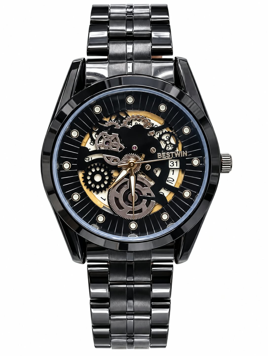 BESTWIN Men’s Skeleton Stainless Steel Watch – Black & Silver Two-Tone Bracelet