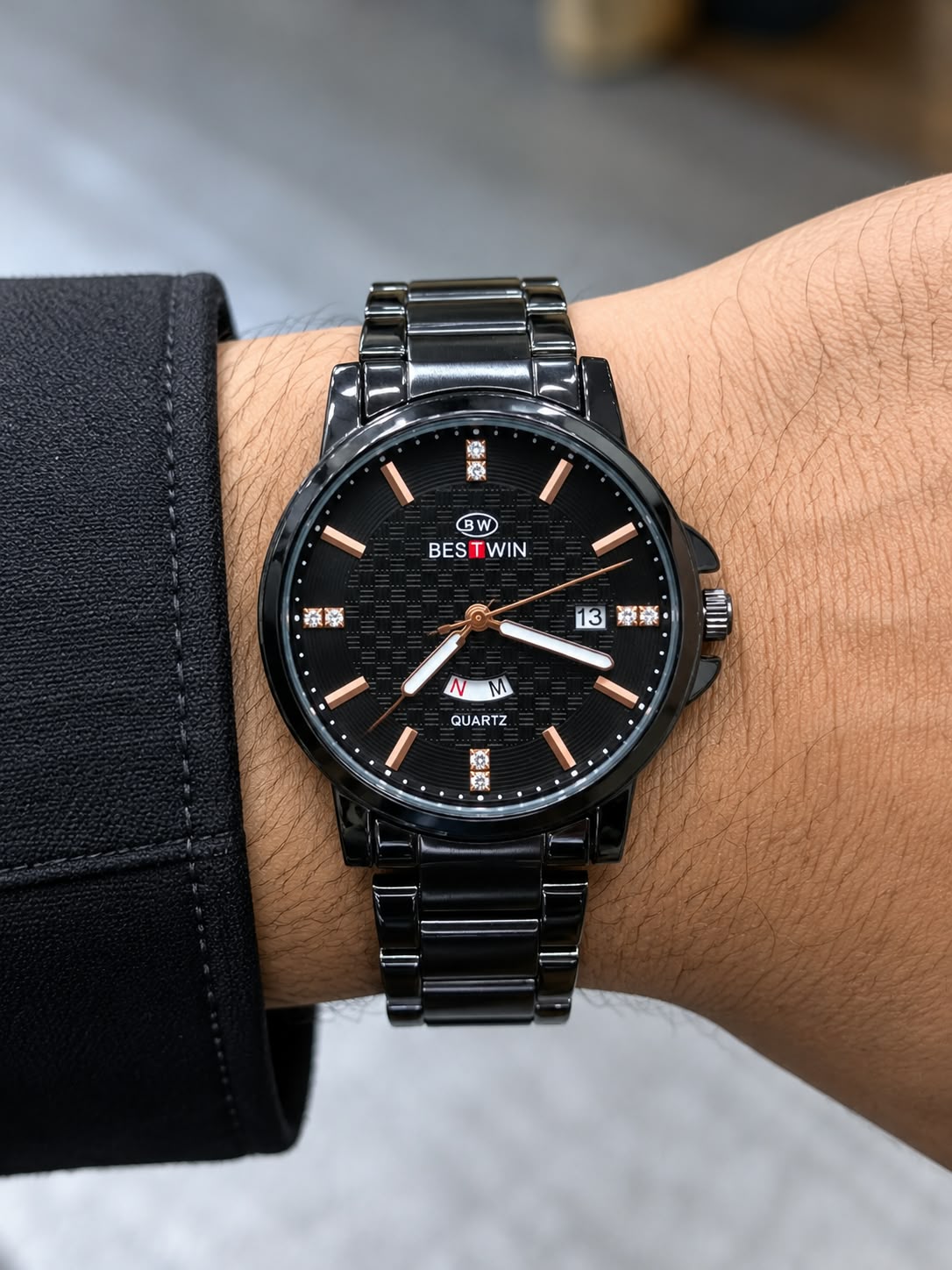 BEST WIN Men's Black Stainless Steel Watch with Rose Gold Markers