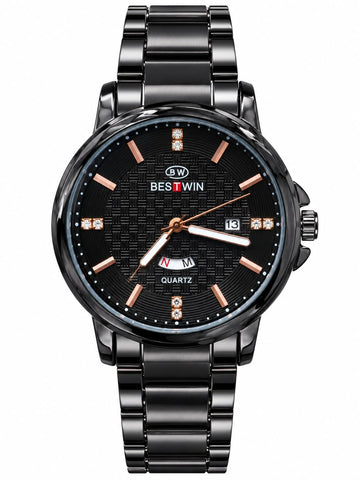 BEST WIN Men's Black Stainless Steel Watch with Rose Gold Markers