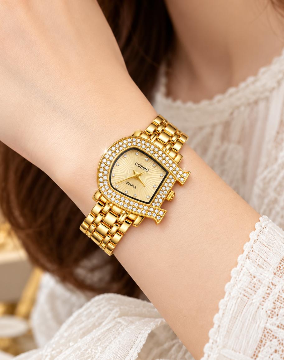 COSMO Women’s Luxury Quartz Watch – Crystal Studded Case &amp; Stainless Steel Bracelet